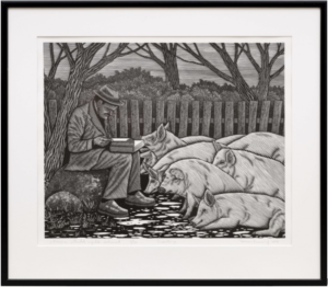 Toomas Kuusing. Herder preaches equality to pigs. 2019, linocut.